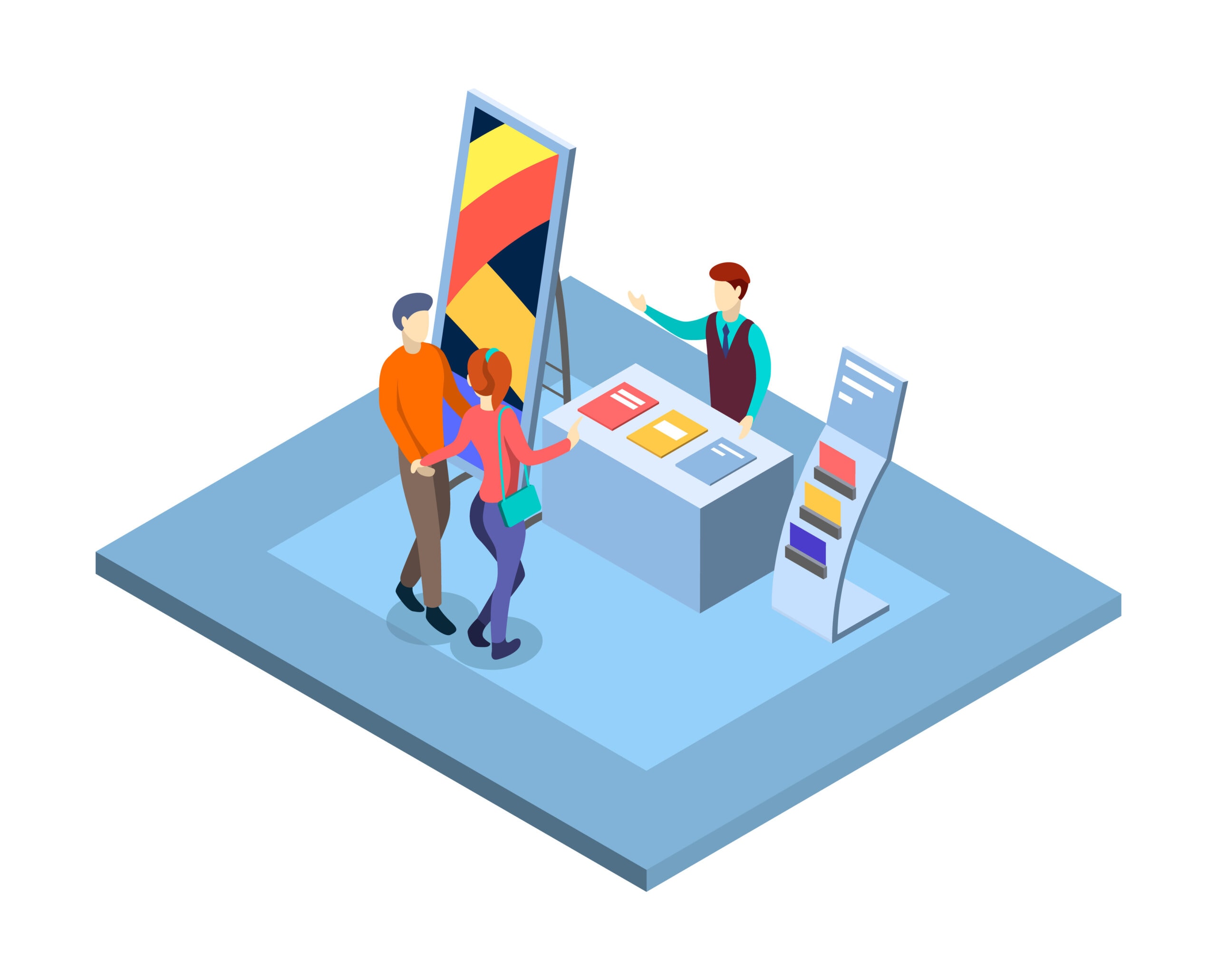 Trade show isometric vector illustration. Visitors at promotional expo stand with salesman, manager characters. Trade exhibition isolated 3d interior. Commercial tradeshow presentation