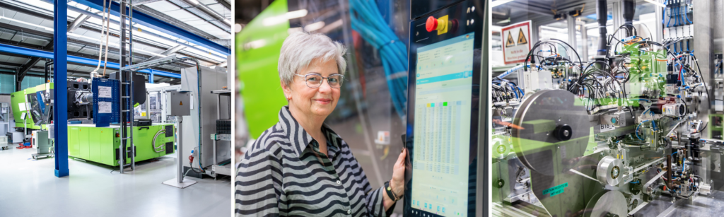 Eine ältere Frau mit grauen Haaren lächelt freundlich vor moderner Maschinensteuerung