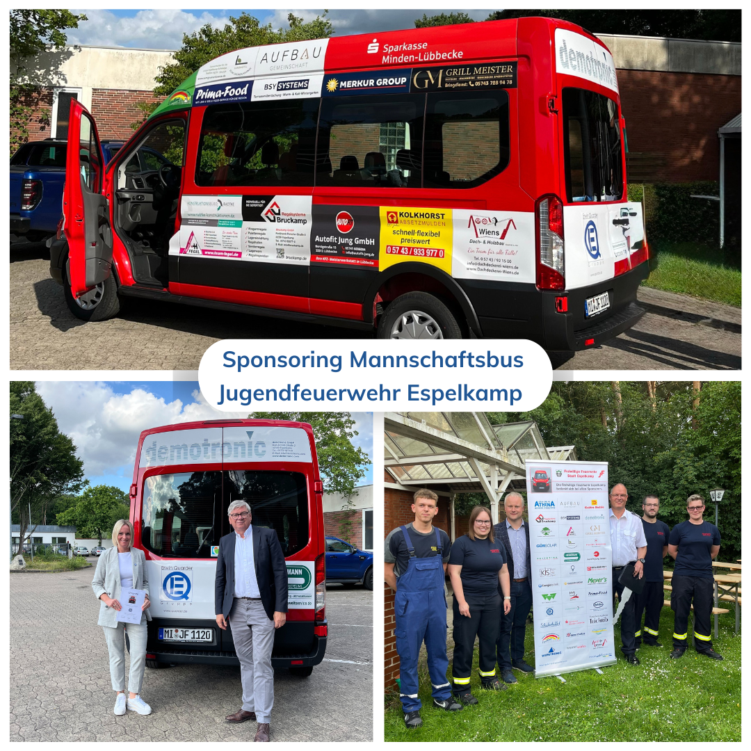 Kollage: Roter Bus mit Jugendfeuerwehr-Logo, lächelnde Personen und Sponsoren-Banner.