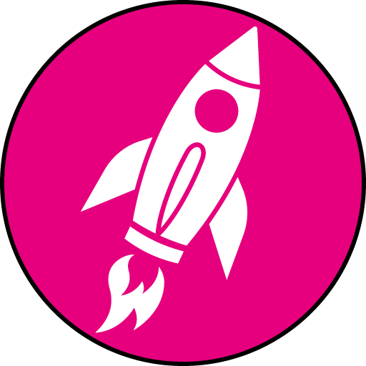 Eine stilisierte weiße Rakete mit Flamme auf einem kräftig pinken Kreis-Hintergrund