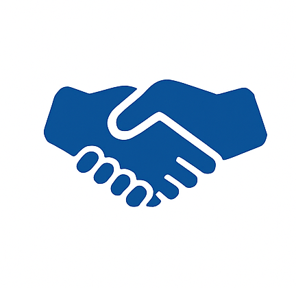 Zwei blaue stilisierte Hände geben sich die Hand in einer freundlichen Geste