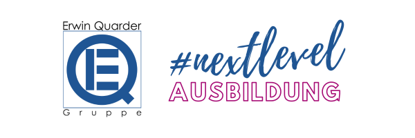 Blaues Logo der Erwin Quarder Gruppe und der Slogan nextlevel AUSBILDUNG in lila und blau