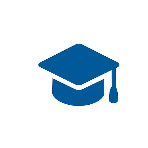 Ein blaues Abschlussmützen Symbol mit Quaste auf weißem Hintergrund