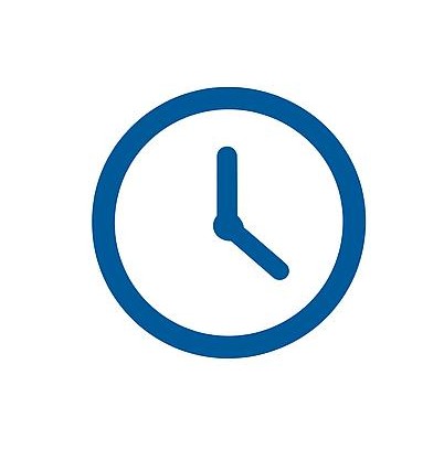 Blaues Uhrsymbol mit weißem Hintergrund und Zeigern auf drei Uhr und fünfzehn