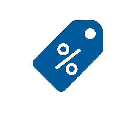 Ein blaues Rabattetikett mit einem großen weißen Prozentzeichen darauf