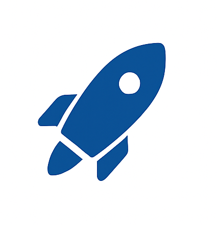 Blaues Raketensymbol auf weißem Hintergrund mit klaren Linien und moderner Form