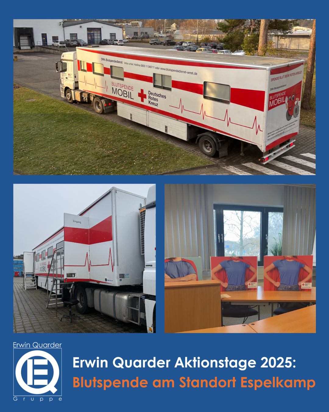 Ein weißer LKW vom Deutschen Roten Kreuz mit rotem Kreuzzeichen und Blutspendemobil steht vor einem Gebäude