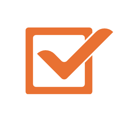 Ein orangefarbenes Häkchen ist mittig in einem orangefarbenen Quadrat platziert