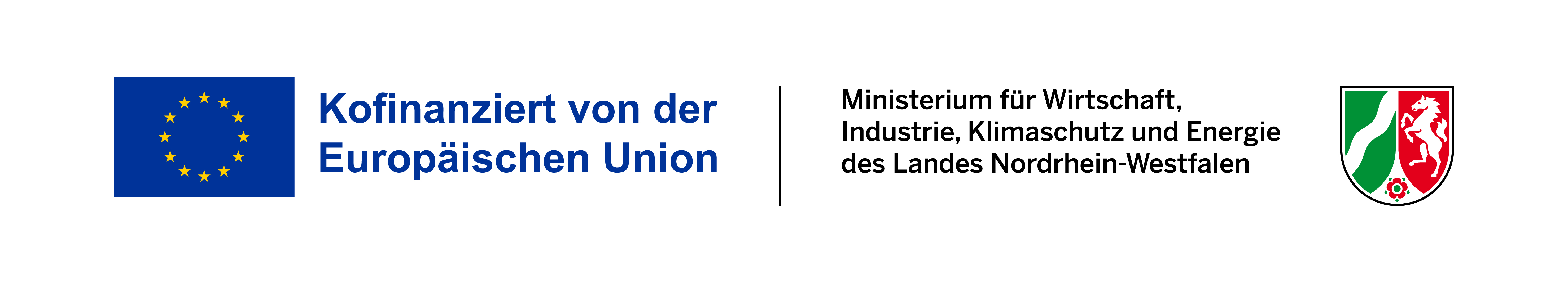 EU Flagge mit Foerderhinweis und Wappen des NRW Wirtschaftsministeriums